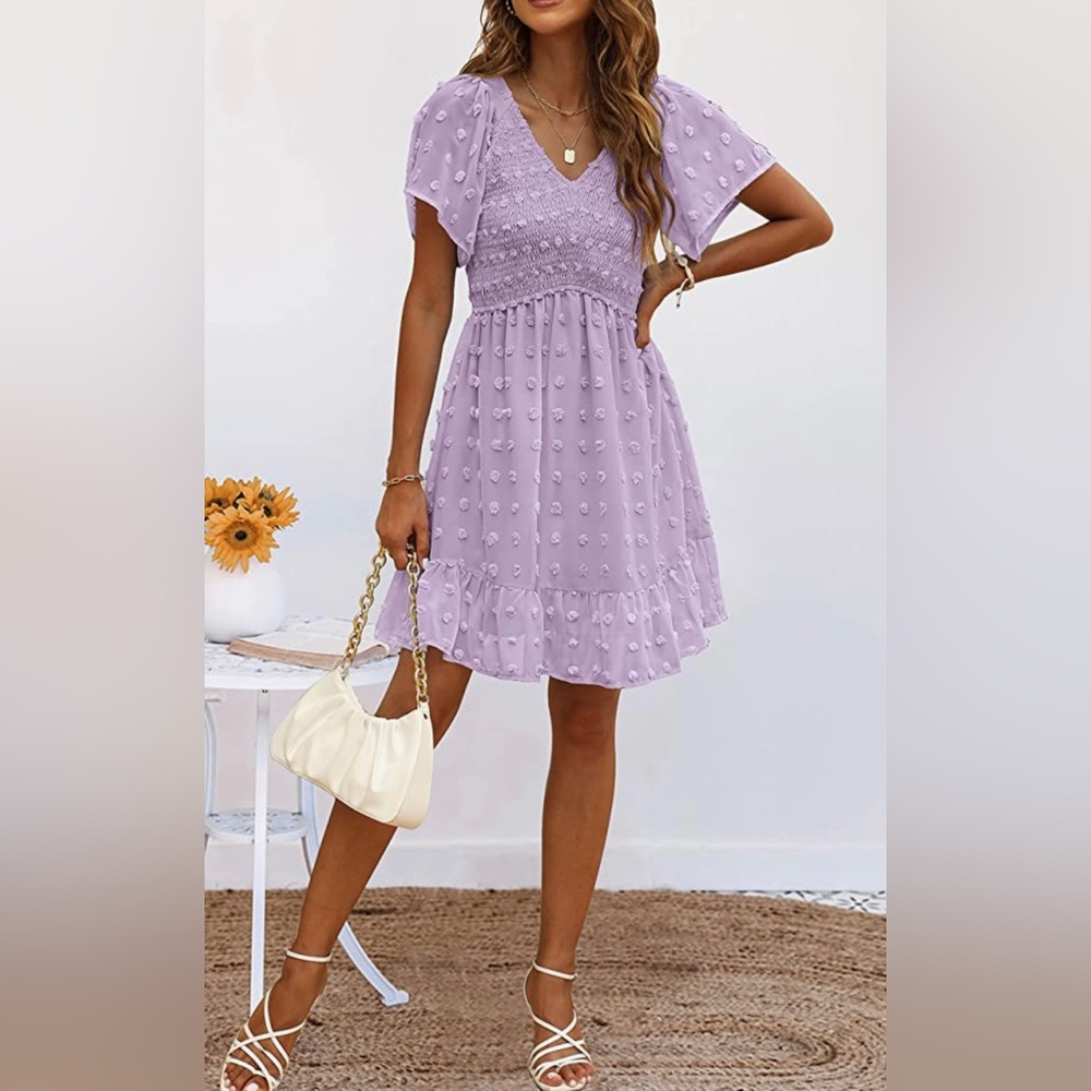 NWT Smocked Short Sleeve V Neck Mini Dress Summer Swiss Dot Flowy Short Dress